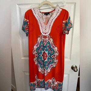 WOMEN MELISSA PAGE MULTICOLOR PATTERN DRESS SZ Medium Boho resort embroidered
